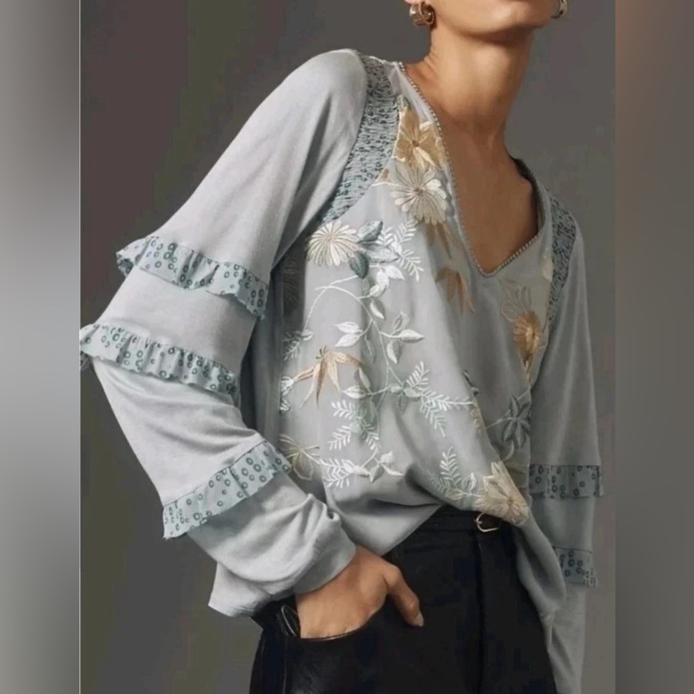 Tiny by‎ Anthropologie Frances Long-Sleeve Ruffled Top embroider Size XS NWT
